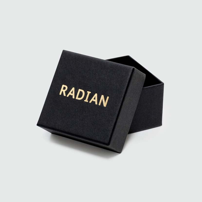 Box with gold branding for our black pyramid ring.