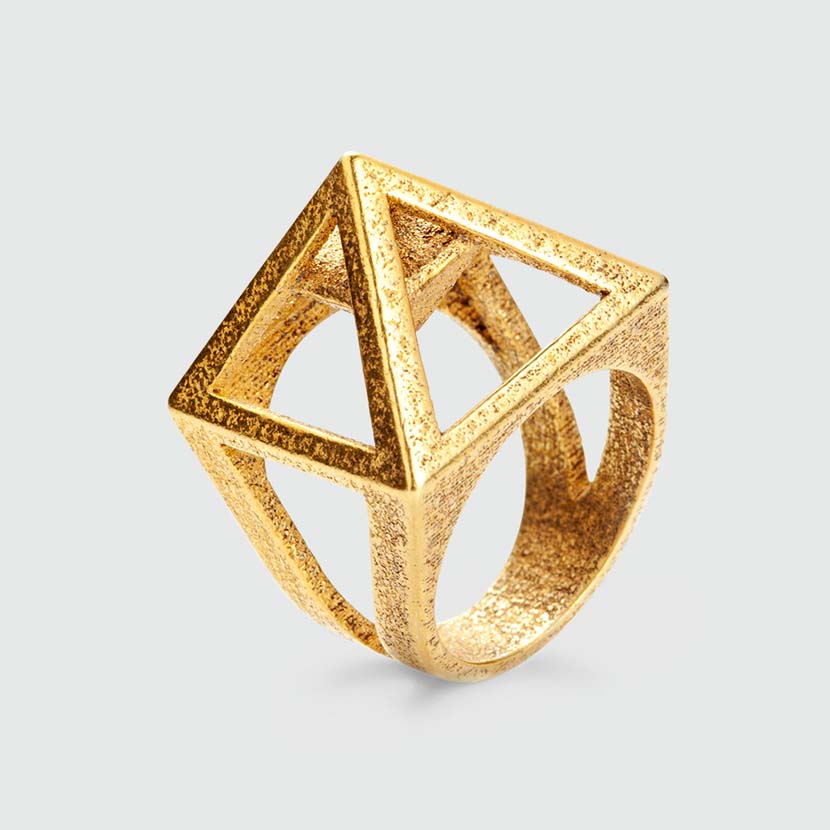 Pyramid ring with secret chamber in gold.