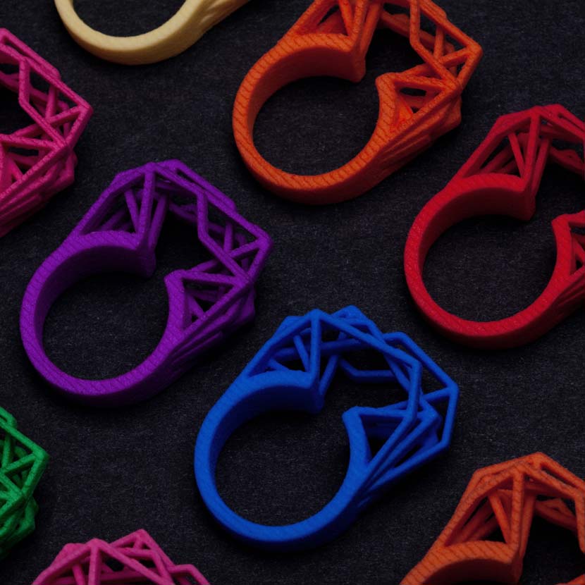 Big statement rings made from 3d printed nylon.