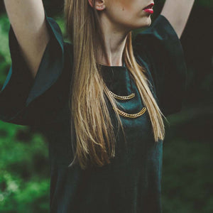 Geometric double necklace demonstrated by model.