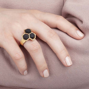 Geometric ring gold black on handmodel.
