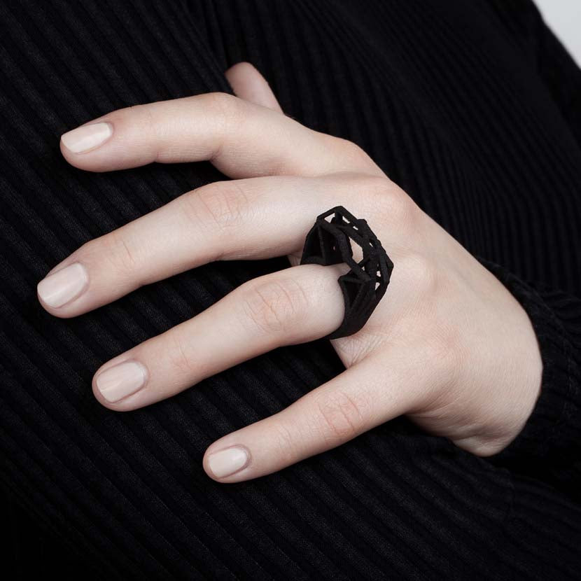 Large black ring on finger.