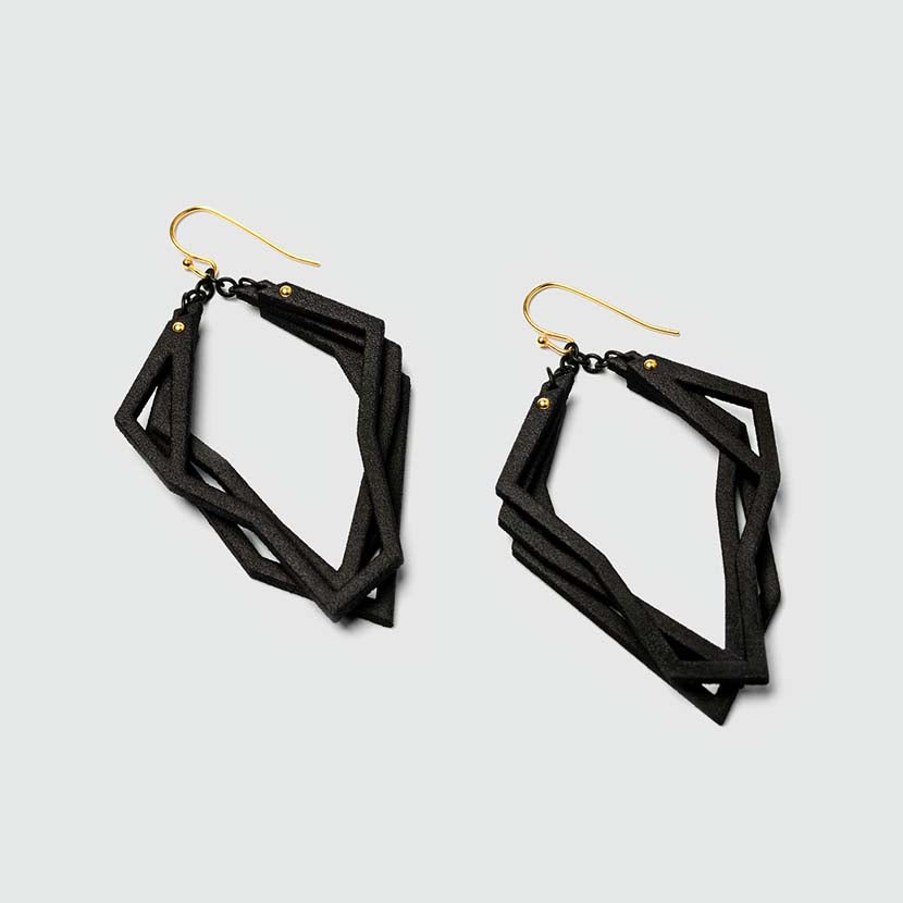 Lightweight black earrings with gold hooks.