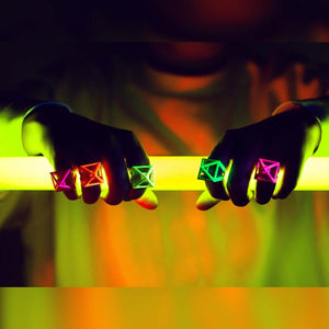 Neon jewelry in action on girl holding light tube.
