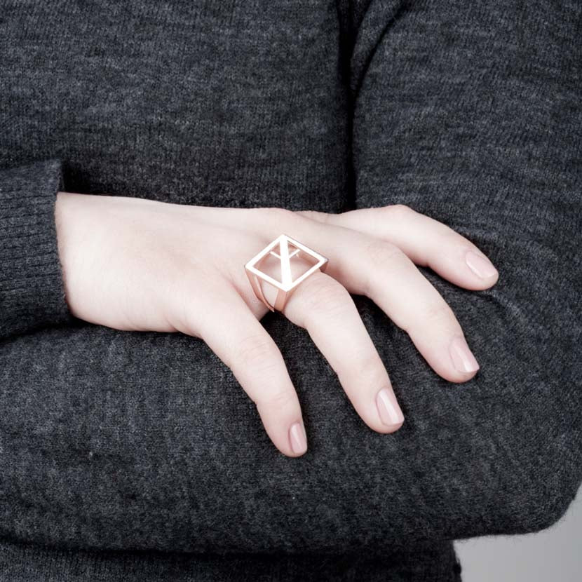 Rosegold pyramid ring shown by woman.